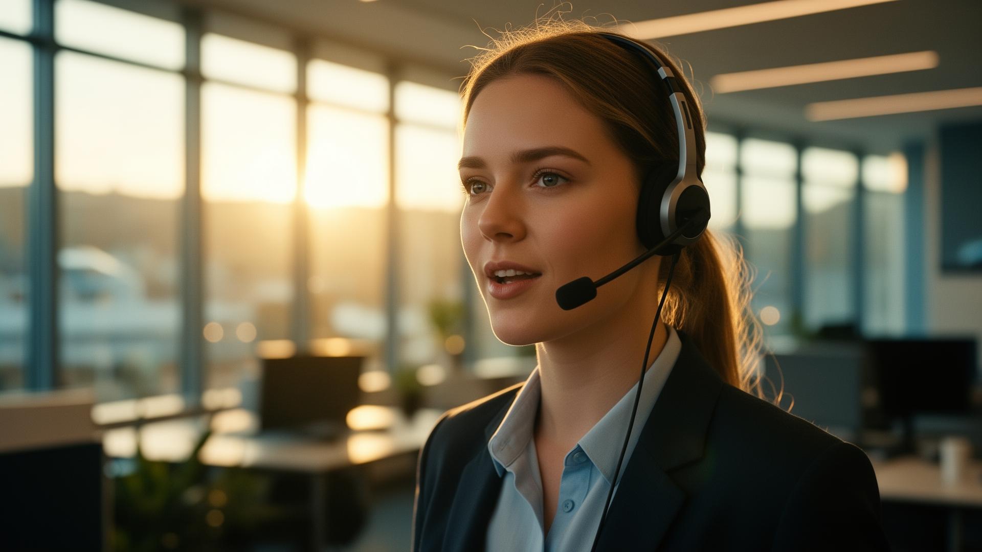 Vitelo-selger i samtale med headset, naturlig motljus fra vinduet